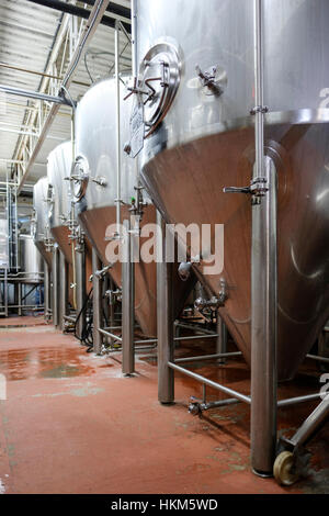 Plusieurs cuves à bière commerciale en acier inoxydable utilisé pour la fermentation de la bière au Railway City Brewing Co. à St Thomas, Ontario, Canada. Banque D'Images