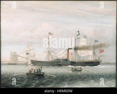 Le tableau '1848 Britannia Boston Harbor' de Fitz Henry Lane représente une scène maritime sereine du port de Boston. Lane, un artiste américain de premier plan, a capturé la beauté naturelle et l'activité du port au XIXe siècle, mettant en valeur son expertise dans la lumière, l'eau et les effets atmosphériques. Banque D'Images