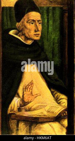 Une peinture d'Albertus Magnus par Joos van Gent, représentant l'érudit et philosophe d'une manière très détaillée et réaliste. L'œuvre reflète la vénération médiévale pour Albertus Magnus et ses contributions à la théologie et à la science. Banque D'Images