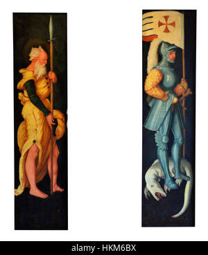 Cette peinture de Hans Baldung représente des Matthias et des George, deux figures importantes de l'hagiographie chrétienne. L'utilisation par Baldung de couleurs vives et de contrastes dramatiques met en valeur son style unique dans la représentation de sujets religieux. Banque D'Images