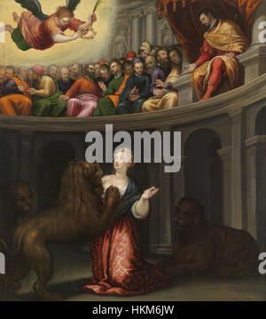 'Martyrium einer Heiligen' d'Alessandro Maganza dépeint le martyre d'un saint dans une scène dramatique et émotionnelle. La peinture met en valeur la maîtrise de l'artiste de la lumière et de l'ombre, créant une atmosphère puissante et sombre. Banque D'Images