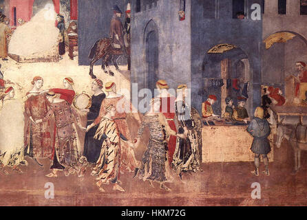 La peinture d’Ambrogio Lorenzetti « effets d’un bon gouvernement sur la vie urbaine » présente un portrait détaillé et vibrant des avantages d’une bonne gouvernance dans une ville, mettant l’accent sur la vie urbaine paisible et prospère à l’époque médiévale. Banque D'Images