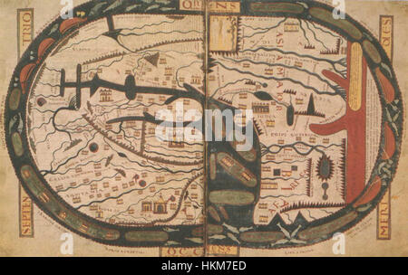 Le manuscrit de l'Apocalypse, en particulier les folios 45v et 46r, contient une carte du monde médiéval détaillée. La carte fournit une représentation du monde connu pendant la période médiévale, illustrant les perceptions géographiques et culturelles de l'époque. Banque D'Images