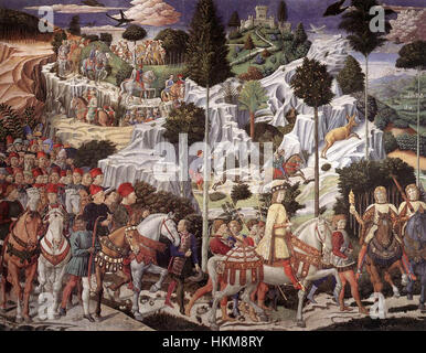 Un détail de la fresque de Benozzo Gozzoli 'procession du plus jeune roi', située sur le mur est. La fresque, qui fait partie du célèbre cycle « voyage des Mages », représente une procession royale aux couleurs vives, offrant un aperçu de l'art de la Renaissance et de la représentation de la royauté à cette époque. Banque D'Images