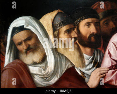 Une section détaillée de *Christ parmi les médecins*, peinte par Cima da Conegliano au XVIe siècle. La scène capture le jeune Christ discutant de questions religieuses avec des docteurs savants, illustrant la maîtrise de l’artiste dans la capture de l’émotion et des détails. Banque D'Images