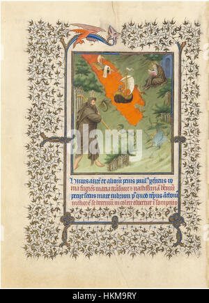 Cette page de la 'belle heures du duc de Berry' présente une représentation de Saint Antoine cherchant l'ermitage de Saint Paul. Le manuscrit enluminé est connu pour ses détails riches et ses couleurs vibrantes, mettant en valeur le style artistique médiéval et l'iconographie religieuse du XVe siècle. Banque D'Images