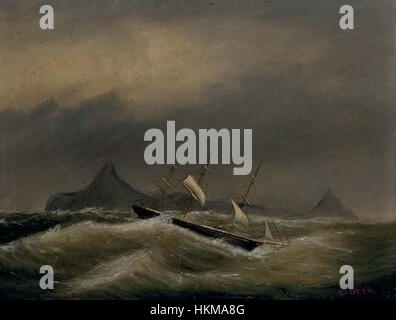 Le tableau de 1884 de Clement Drew 'Ship Scudding Off Cape Horn' dépeint une scène maritime dramatique. L'œuvre représente un navire naviguant dans les eaux périlleuses du cap Horn, mettant en valeur les défis auxquels les marins sont confrontés à l'âge de la voile. Banque D'Images