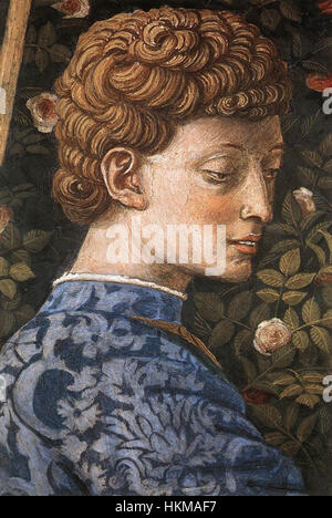 Ce détail de la « procession du roi du milieu » de Benozzo Gozzoli représente une scène du célèbre cycle de fresques de la chapelle des Médicis, à Florence. Il présente des figures complexes et des couleurs riches, caractéristiques du style Renaissance de Gozzoli. Banque D'Images