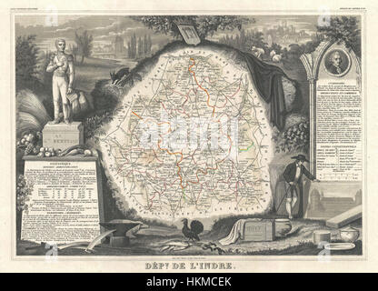 Cette carte de Levasseur de 1852 fournit une représentation détaillée du département de l'Indre en France, y compris la célèbre région viticole de Chinon. Il met en évidence la géographie, les monuments locaux et les établissements du XIXe siècle. Banque D'Images
