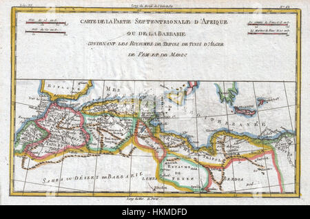 Cette carte de 1780 de Raynal et bonne fournit une vue détaillée de la côte barbare de l'Afrique du Nord. La carte, qui fait partie de l'ouvrage « histoire philosophique et politique », illustre le littoral et les régions importantes de la fin du XVIIIe siècle, offrant un aperçu de la géographie et du climat politique de l'époque. Banque D'Images
