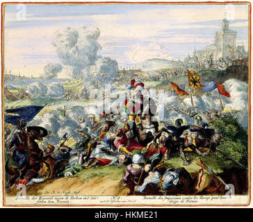 Cette estampe historique, 'bataille des Imperiaux contre les Turqs', représente la bataille pour soulager le siège de Vienne en 1683. L'œuvre dépeint l'affrontement entre les forces impériales et les Turcs ottomans au cours de ce moment clé de l'histoire européenne. Banque D'Images
