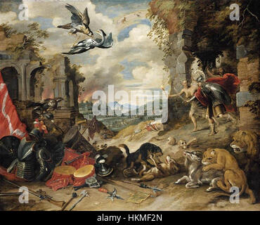 Cette peinture des années 1640 de Jan Brueghel le jeune représente l'allégorie de la guerre, illustrant la nature destructrice et chaotique du conflit. L'utilisation vive des couleurs et la composition dramatique reflètent le style baroque. Banque D'Images