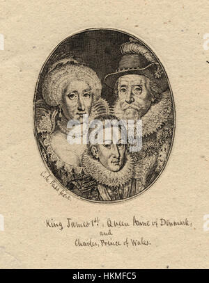 Anne de Danemark ; le roi Charles I lorsque le Prince de Galles, le roi Jacques Ier d'Angleterre et VI d'Écosse par Simon De Passe (3) Banque D'Images