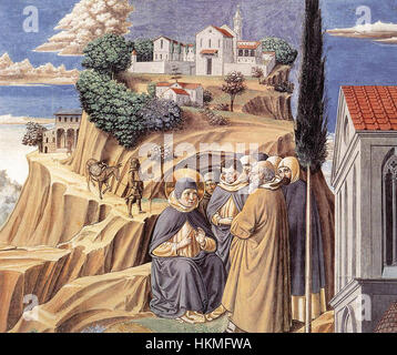 Ce détail de la parabole de la Sainte Trinité de Benozzo Gozzoli illustre la maîtrise des thèmes religieux de la Renaissance par l'artiste. La fresque, qui fait partie du récit plus large de la doctrine chrétienne, illustre le symbolisme théologique et le souci du détail de Gozzoli. Banque D'Images