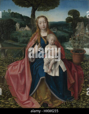 Cette peinture, attribuée à Jan Provoost, intitulée 'la Vierge à l'enfant dans un paysage', représente la Vierge Marie avec l'enfant Jésus sur un paysage serein. La pièce reflète les techniques du début de la Renaissance et le symbolisme religieux. Banque D'Images