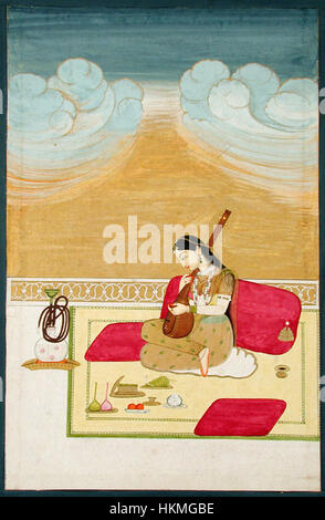 Cette peinture représente une dame assise sur un traversin, jouant du tambura, un instrument à cordes traditionnel. L’image capte la sérénité et la grâce de la femme qui s’engage dans cette pratique musicale culturelle, reflétant les styles artistiques de la miniature indienne Banque D'Images