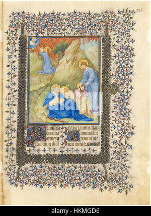 Une page du manuscrit « belle heures du duc de Berry », représentant une représentation du Christ dans le jardin des oliviers. Cette illumination est un excellent exemple de l'art religieux médiéval, mettant en valeur l'iconographie détaillée et la narration biblique. Banque D'Images