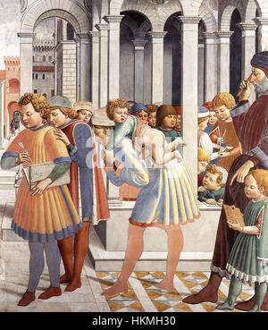 Une vue détaillée de « L'école de Tagaste » de Benozzo Gozzoli, extraite de sa série de fresques représentant la vie d'Augustin. Les couleurs vives et les détails complexes soulignent l'approche narrative de l'artiste aux thèmes religieux et à la narration historique. Banque D'Images