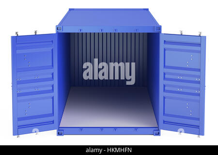 Ouvert bleu de conteneurs de fret vides, vue de face. Le rendu 3D isolé sur fond blanc Banque D'Images