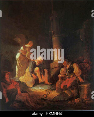 'Deliverance of réussi Peter' d'Aelbert Cuyp est une peinture à l'huile représentant la scène biblique de l'évasion de Pierre de prison, un événement clé du Nouveau Testament. L'œuvre met en valeur la maîtrise de Cuyp dans la lumière et les effets atmosphériques, typiques de ses paysages, avec des couleurs vives et un ciel dramatique. Banque D'Images