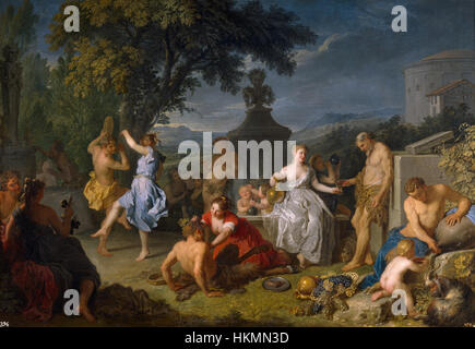 Bacanal, de Michel-Ange Houasse, dépeint une scène classique de réjouissances et de célébrations, représentant des personnages engagés dans le vin et la danse. L’œuvre illustre l’habileté de l’artiste à saisir la dynamique des figures humaines et leur interaction avec les thèmes classiques. Banque D'Images