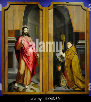 Cette peinture, 'Abt Ghisleen Temmerman van de St-Pietersabdij 1570-1581 en de verrezen Christus' (Abbot Ghisleen Temmerman de l'abbaye de Pierre 1570-1581 et le Christ ressuscité), est une œuvre anonyme conservée au Musée de Louvain. Il représente une figure religieuse historique, l'abbé, aux côtés d'une représentation de la résurrection du Christ, mettant en valeur le style des religieux fermés du XVIe siècle Banque D'Images