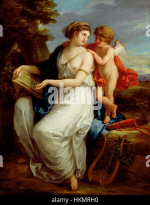 Cette peinture à l'huile d'Angelica Kauffmann représente Erato, la muse de la poésie lyrique, accompagnée d'un putto. L'œuvre met en valeur l'expertise de Kauffmann dans la représentation de figures mythologiques et évoque des thèmes d'amour et de créativité. Banque D'Images