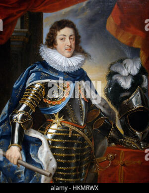 Portrait de Louis XIII, roi de France de 1610 à 1643, représentant le monarque en tenue royale. Cette œuvre reflète le style baroque et souligne le rôle de Louis XIII dans l’histoire française et le développement de la monarchie française. Banque D'Images