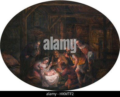 « Adoration par les bergers » de David Colijns représente la scène biblique des bergers visitant le Christ nouveau-né. Cette peinture du XVIe siècle reflète les thèmes religieux de l’époque, mettant en valeur le portrait détaillé de la sainte famille et des bergers par l’artiste. Banque D'Images