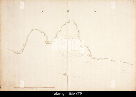 Cette carte de la côte de Goa, une œuvre d'art historique, illustre la zone côtière avec beaucoup de détails, mettant en valeur les caractéristiques géographiques et la disposition de la région. Il fournit un aperçu précieux de la géographie côtière de Goa, importante pendant la période coloniale en Inde. Banque D'Images