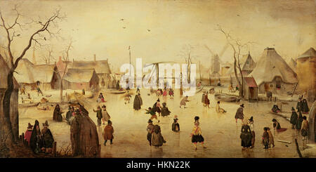 Dans « les plaisirs de l'hiver », Hendrick Avercamp capture une scène hivernale animée dans un village hollandais. L'œuvre présente des patineurs sur glace, un moulin à vent et une atmosphère hivernale animée, typique des scènes hivernales hollandaises du XVIIe siècle. Banque D'Images