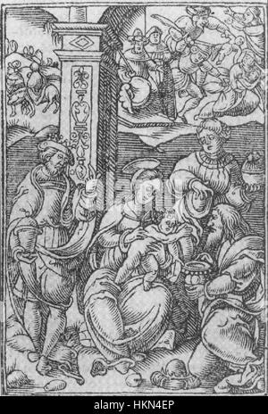 L'Adoration des Mages de la Biblia Picturis Illustrata (1540) illustre la scène biblique où les trois Sages présentent leurs dons à l'enfant Jésus. La gravure détaillée sur bois souligne la signification religieuse de l'événement, caractéristique des religieux de l'époque Renaissance Banque D'Images