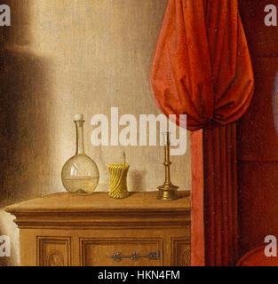 Un détail de la peinture de l'Annonciation par Hans Memling, un maître de la Renaissance du Nord, présentant la scène biblique de l'Archange Gabriel et de la Vierge Marie. Banque D'Images