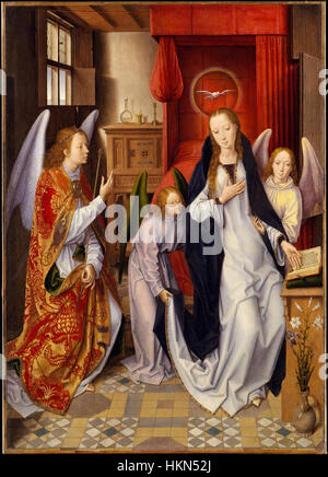 L'Annonciation, une peinture de Hans Memling, un peintre flamand de la Renaissance du Nord, présentant la scène biblique où l'ange Gabriel annonce à la Vierge Marie qu'elle concevra le Fils de Dieu. Banque D'Images