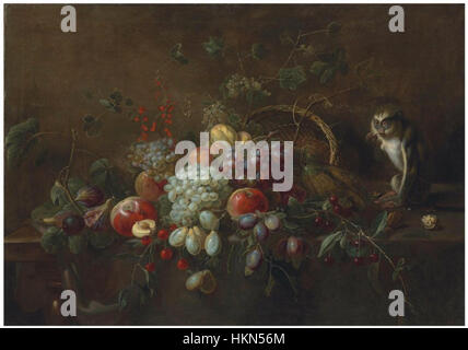 Cette peinture à l'huile d'Adriaen van Utrecht représente une nature morte de divers fruits, y compris des raisins, des pommes, des prunes et des figues, disposé sur une table en bois. Un singe est vu manger des noix à côté d'un panier tissé renversé, reflétant l'habileté de l'artiste à capturer à la fois les détails naturels et les éléments ludiques de la vie quotidienne. Banque D'Images