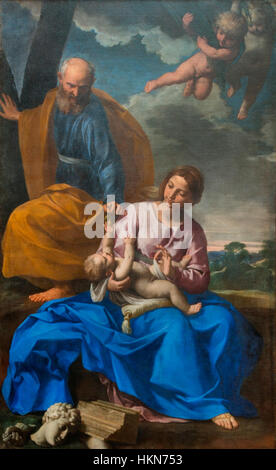 Simone Cantarini's 'Holy Family, repose on the Flight into Egypt' capture un moment serein et intime dans le voyage biblique. La peinture représente la Sainte famille se reposant pendant leur vol, mettant en valeur les compétences de Cantarini en lumière et en naturalisme. Banque D'Images