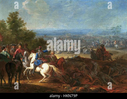 Le tableau « bataille de Vienne » de Meulen représente la bataille décisive de 1683 entre les forces de l'Empire ottoman et du Saint Empire romain germanique. L'œuvre capture le conflit intense et le moment charnière de l'histoire européenne. Banque D'Images