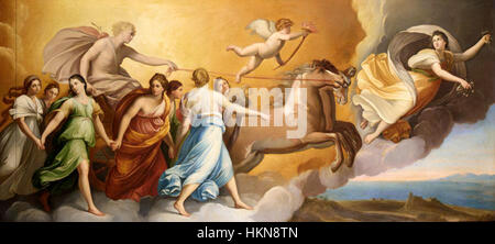 Cette peinture, une interprétation d’après « Aurora » de Guido Reni, représente la figure mythique d’Aurora, la déesse romaine de l’aube. L'œuvre met l'accent sur la lumière rayonnante et le mouvement dynamique associés à l'arrivée de la déesse à l'aube, mettant en valeur des thèmes mythologiques classiques. Banque D'Images