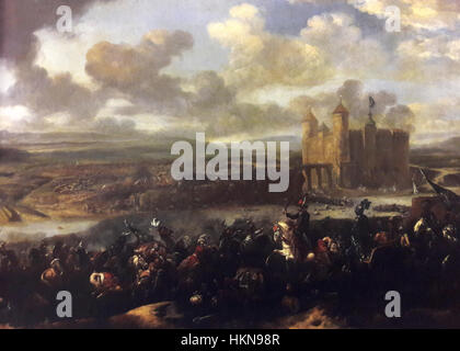 La peinture de Huchtenburg représente la bataille de Khotyn, livrée en 1673 entre le Commonwealth polono-lituanien et l'Empire ottoman. L'œuvre met en évidence le combat acharné, la stratégie militaire et l'importance historique de la bataille pendant la période des conflits en Europe de l'est. Banque D'Images
