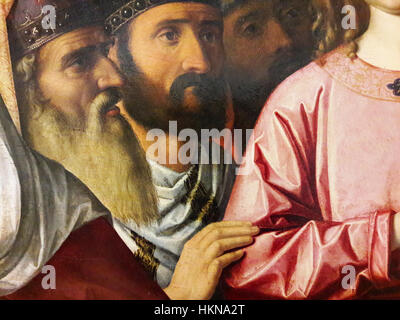 « Christ parmi les médecins » est une œuvre de Cima da Conegliano, capturant un jeune Jésus interagissant avec des érudits religieux. Ce détail met en évidence la maîtrise de l'artiste dans la représentation des récits religieux avec précision et expression. Banque D'Images