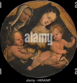 Cette peinture religieuse, attribuée à un artiste anonyme, représente la Vierge Marie à enfant, Saint Jean Baptiste et Sainte Claire. L'œuvre est un reflet de l'iconographie religieuse du XVIe siècle, capturant des figures clés du christianisme dans une scène tendre et dévotionnelle. Banque D'Images