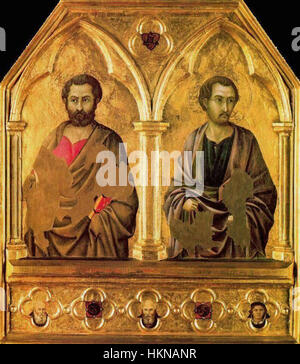 Cette œuvre d’Ugolino di Nerio représente Simon et offert Thaddeus du début du XIVe siècle, créés dans le cadre de l’iconographie religieuse. La peinture reflète le style gothique primitif, avec une attention particulière au symbolisme religieux et à l'artisanat médiéval. Banque D'Images