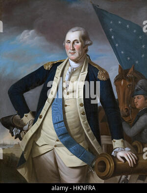 Le portrait de George Washington de Charles Willson Peale, peint entre 1780 et 82, demeure l’une des représentations les plus emblématiques du président américain. Connu pour ses détails réalistes, le portrait met en valeur la présence digne de Washington et son leadership pendant la Révolution américaine. La peinture est conservée au Crystal Bridges Museum of American Art. Banque D'Images