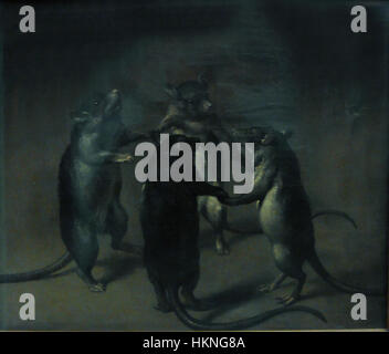 Le 'Rattentanz' ou 'Rat Dance' est une œuvre flamande du début du XVIIe siècle, attribuée à un maître anonyme. La peinture représente une danse symbolique de rats, véhiculant des éléments allégoriques et humoristiques qui reflètent l'atmosphère sociopolitique de l'époque. Banque D'Images