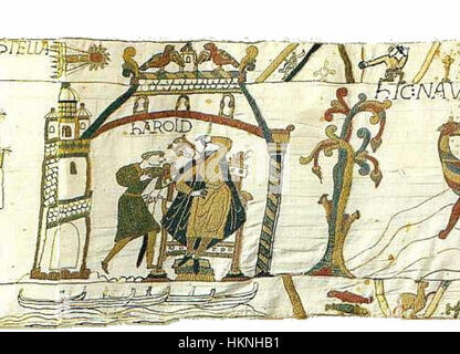 La tapisserie de Bayeux, un tissu brodé représentant les événements menant à la conquête normande de l'Angleterre en 1066, comprend une scène de la bataille de Hastings. Cette œuvre d'art historique est une source importante pour comprendre l'histoire médiévale. Banque D'Images