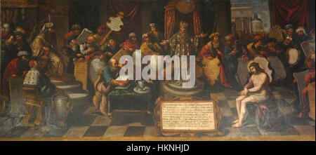 Cette peinture anonyme intitulée 'Cristo Ante Pilatos' (Christ avant Pilate) représente la scène biblique du procès du Christ. La composition se concentre sur l’intensité émotionnelle du moment, mettant en valeur l’interaction de Pilate avec le Christ dans un ton sombre. Banque D'Images