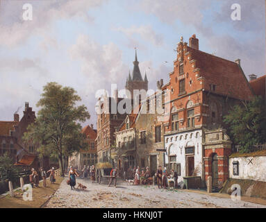 « A View in Delft » d’Adrianus Eversen offre une représentation détaillée de la ville néerlandaise de Delft. Connu pour ses paysages urbains, le tableau d'Eversen capture l'architecture et la vie quotidienne de la ville néerlandaise du XIXe siècle. Banque D'Images