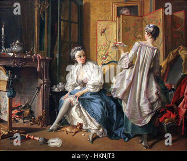 *La toilette* de François Boucher de 1742 représente une française à la mode dans une scène domestique intime. La peinture illustre l'accent mis par l'art rococo sur l'élégance, la féminité et les plaisirs de la vie quotidienne dans la France du XVIIIe siècle. Banque D'Images