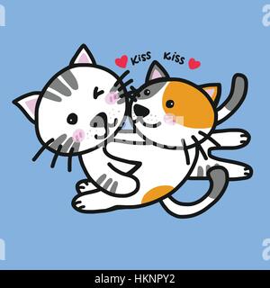 Cute cats baisers amoureux cartoon vector illustration sur fond bleu Illustration de Vecteur