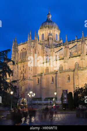 Salamanque - Le portail gothique du nord de la Catedral Nueva - nouvelle cathédrale au crépuscule. Banque D'Images